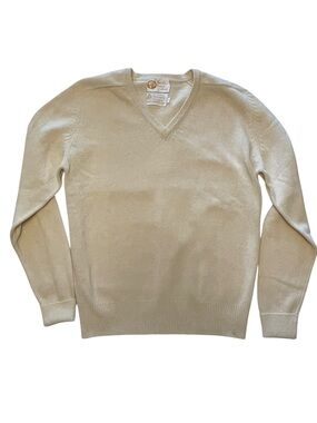 Vintage Soft Prep Lambswool Cream High V-Neck Men's Sweater Ribbed Cuffs & Hem